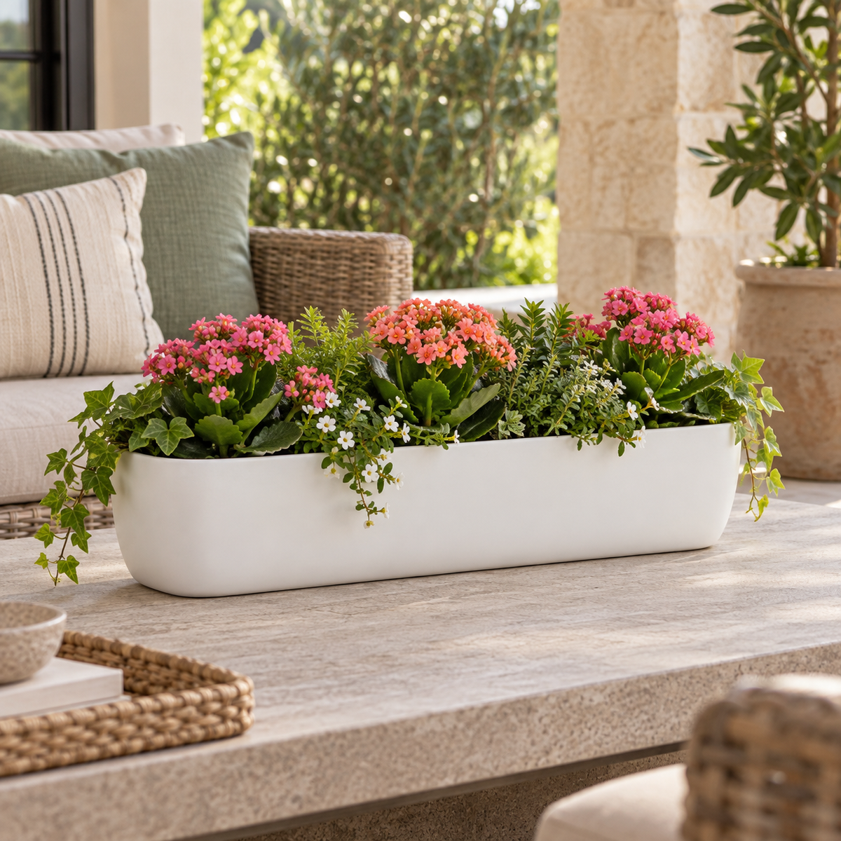A long rectangular white planter box filled with green foliage and pink and coral flowers, placed on a stone patio table in a bright outdoor living room setting.