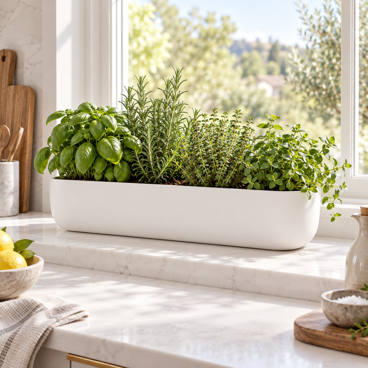 A long white rectangular planter filled with green herbs, including basil, rosemary, and oregano, displayed on a white marble kitchen counter in front of a bright window.
