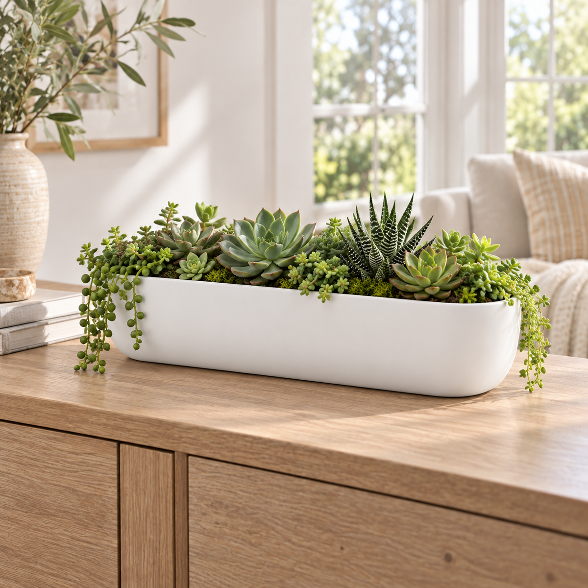 A long white rectangular planter filled with assorted green succulents and trailing vines, displayed on a light wood console table in a bright living room.