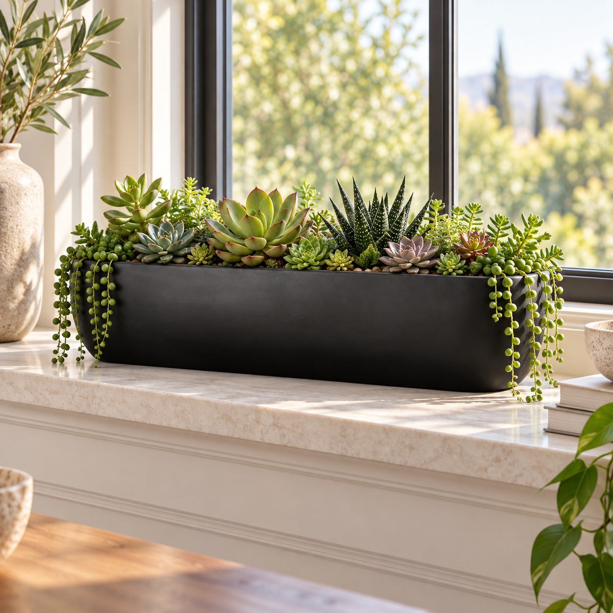 A long black rectangular planter filled with assorted green succulents and trailing vines, displayed on a light stone windowsill in a bright interior setting.