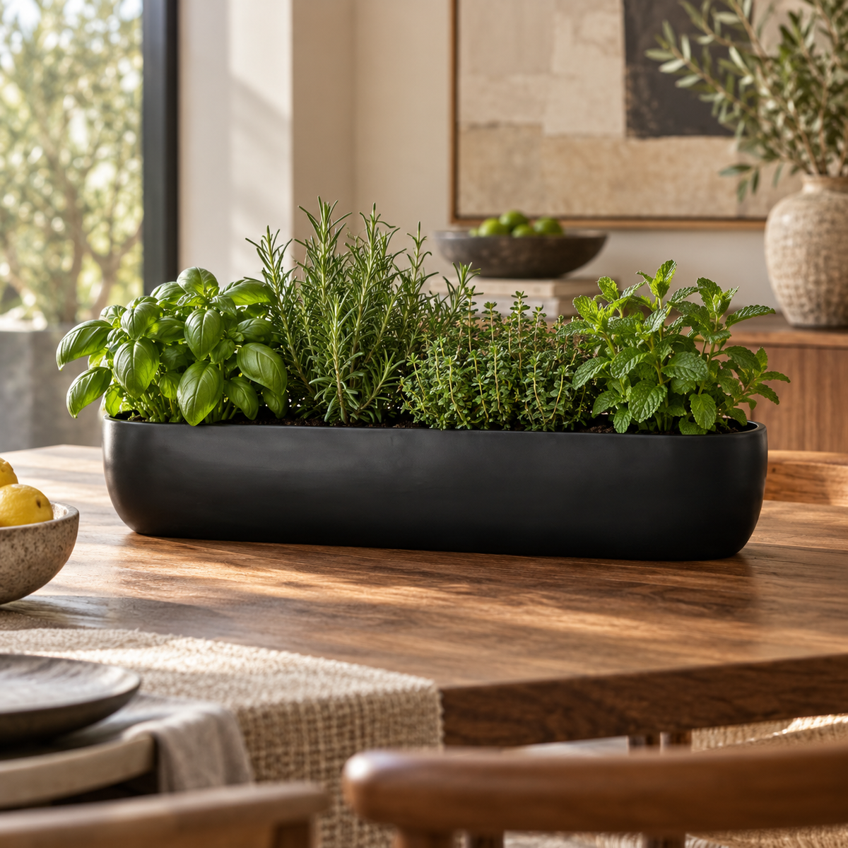 A long black rectangular planter filled with fresh green herbs, including basil, rosemary, and mint, displayed on a wooden dining table in a warm, modern kitchen setting.