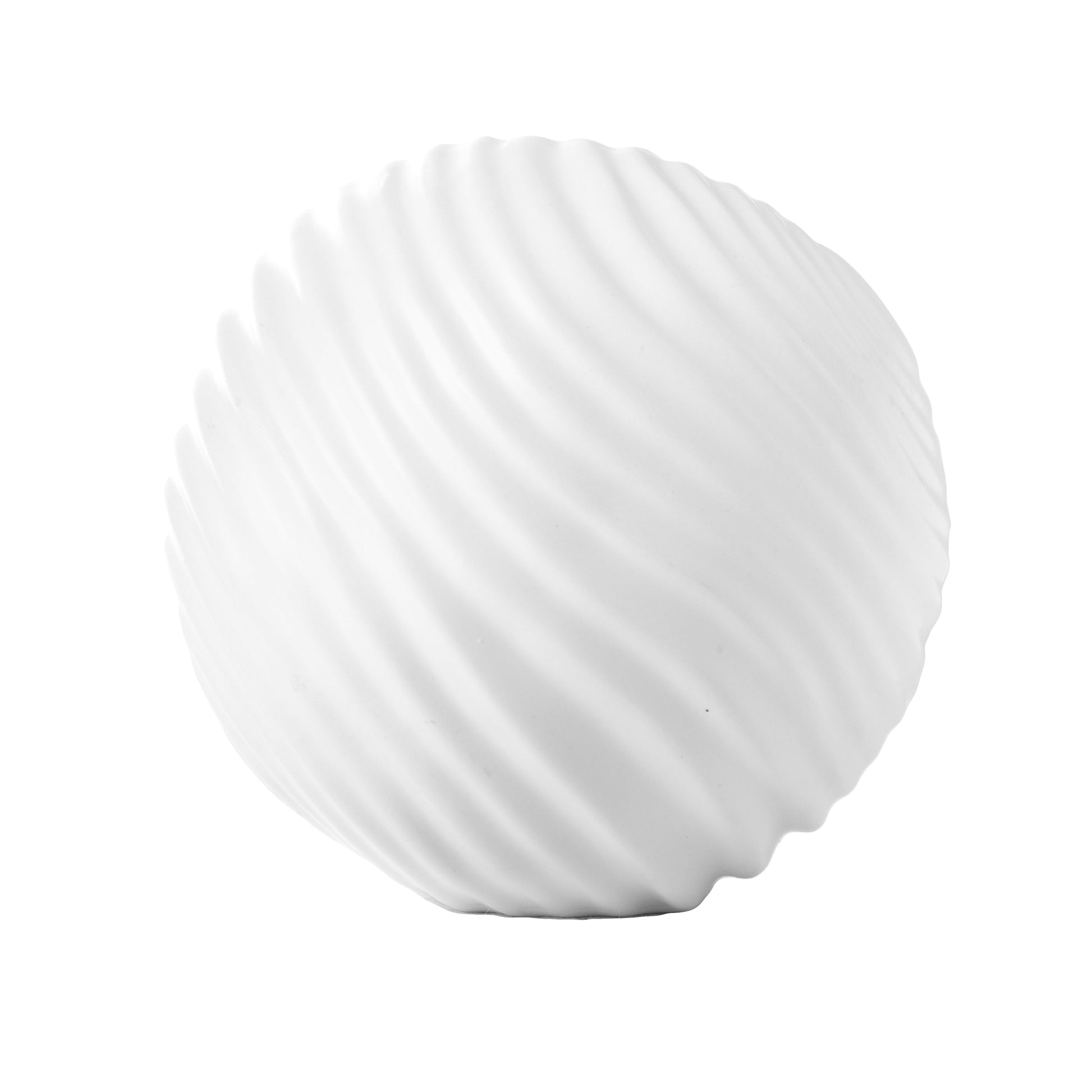 A single white ceramic ball decor with embossed wave spiral design, displayed against a neutral background.