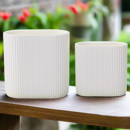 Remi Corrugated Column Ceramic Oval Planter Set (Set of 2)