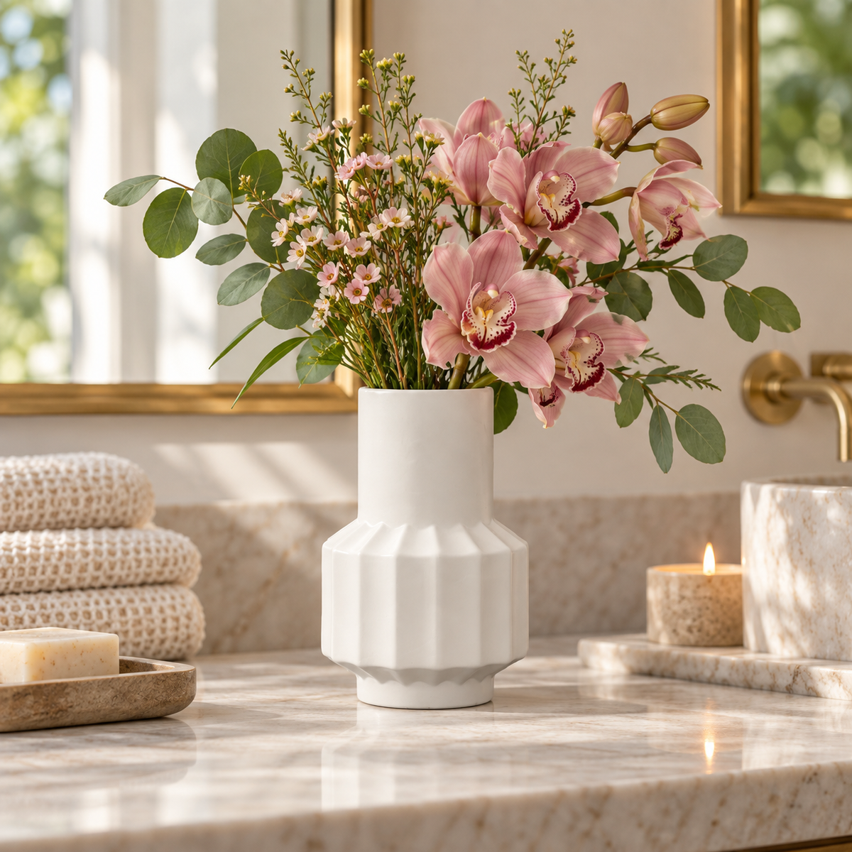 A white ceramic vase with a fluted geometric base, filled with pink orchids and green foliage, set on a marble bathroom counter.