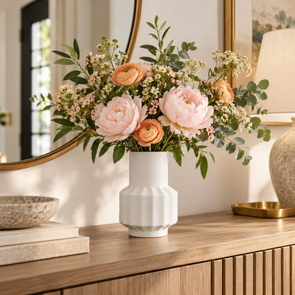 A white ceramic vase holding a lush floral arrangement with pale pink peonies, peach ranunculus, and green foliage, displayed on a wooden console table in a warmly lit interior setting.