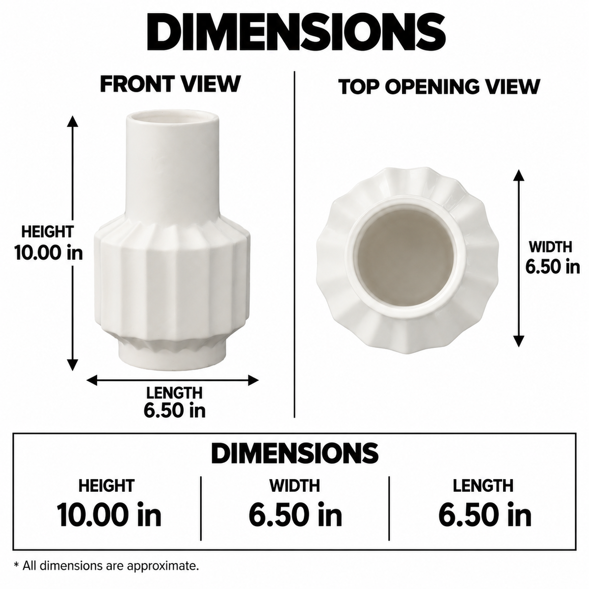 A dimension diagram of a white plastic fitting, showing front and top opening views with labeled measurements: height 10.00 in, length 6.