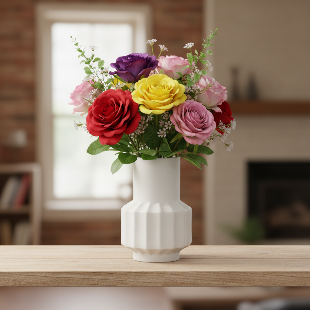 A colorful artificial rose bouquet in a white ribbed ceramic vase, displayed on a light wood table in a softly blurred living room setting.