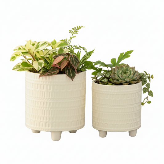 Zelie Tribal Pattern Ceramic Pots on Tripod Stand (Set of 2)