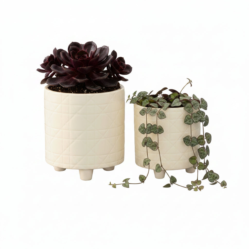 Kiri Cream Ceramic Planter Pots with Geometric Pattern & Tripod Stand (Set of 2)
