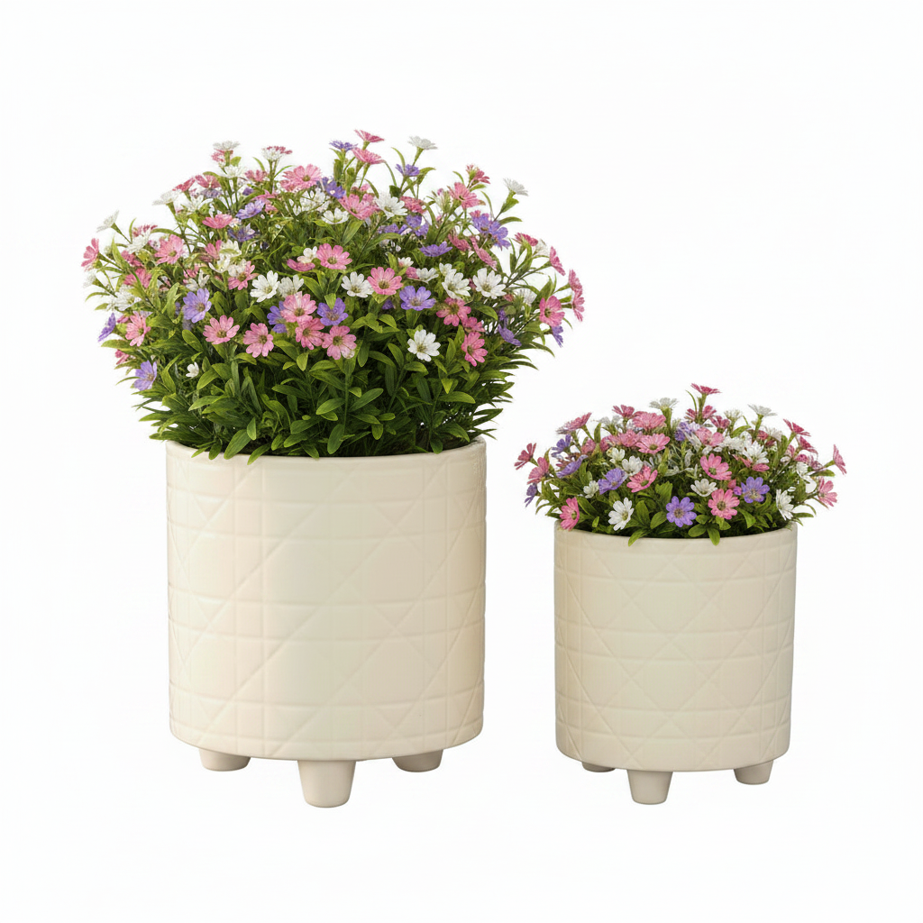 Kiri Cream Ceramic Planter Pots with Geometric Pattern & Tripod Stand (Set of 2)