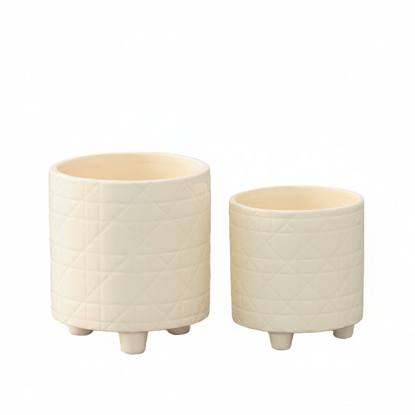 Kiri Cream Ceramic Planter Pots with Geometric Pattern & Tripod Stand (Set of 2)