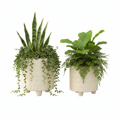 Citra Cream Ceramic Planter Pots with Contrasting Pattern & Tripod Stand (Set of 2)
