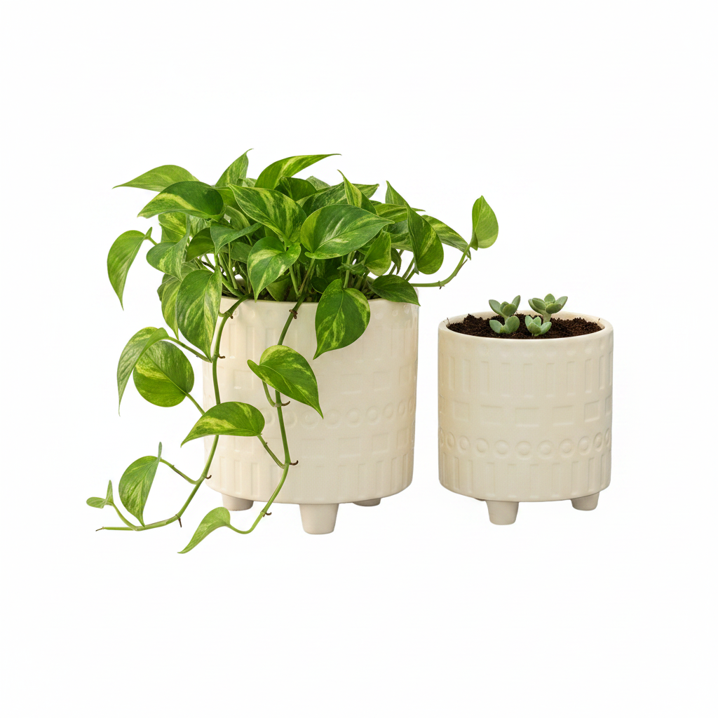 Citra Cream Ceramic Planter Pots with Contrasting Pattern & Tripod Stand (Set of 2)