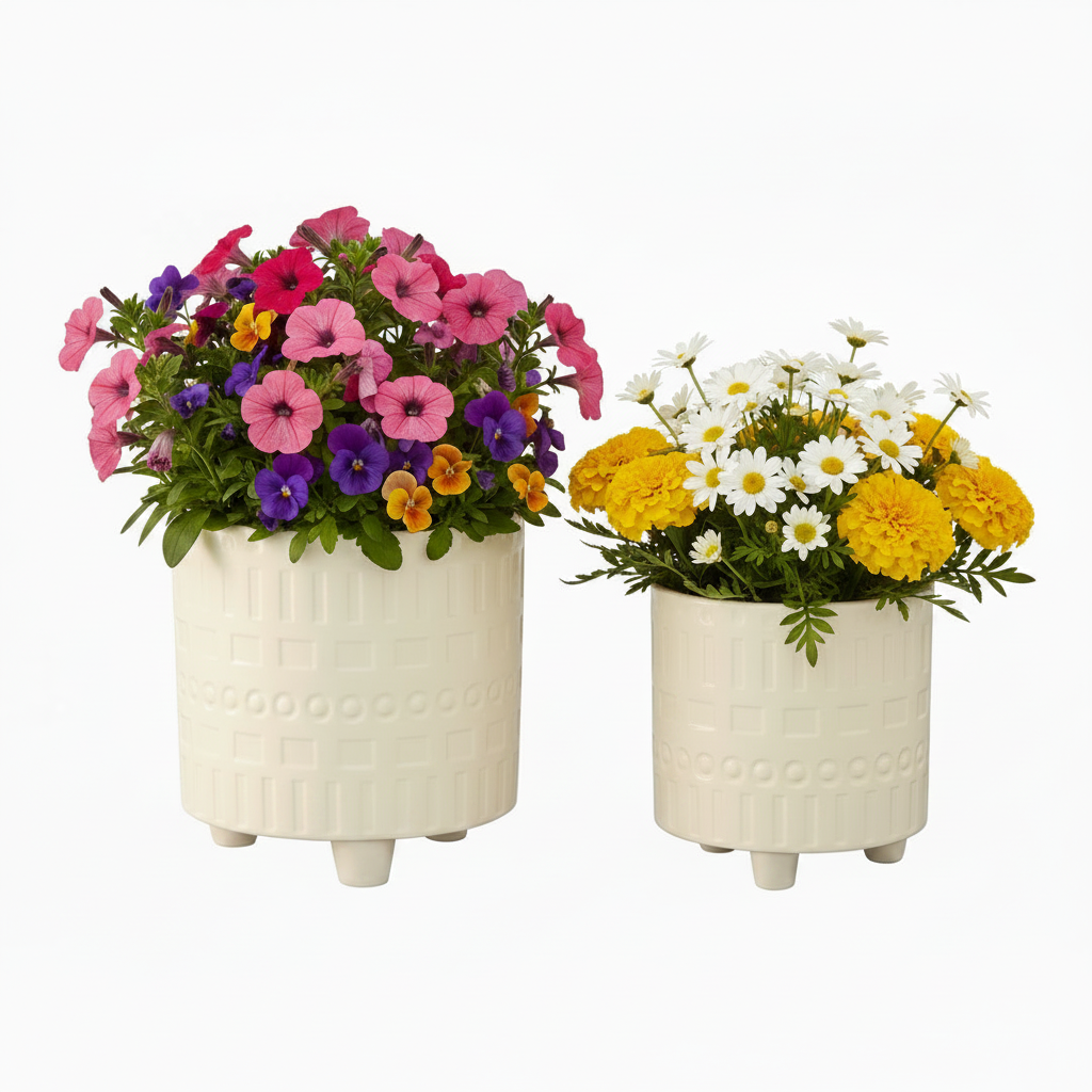 Citra Cream Ceramic Planter Pots with Contrasting Pattern & Tripod Stand (Set of 2)
