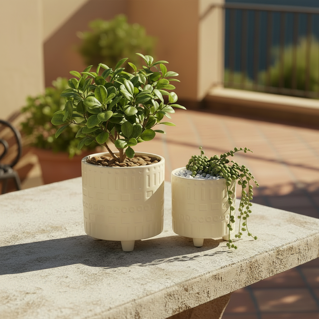Citra Cream Ceramic Planter Pots with Contrasting Pattern & Tripod Stand (Set of 2)