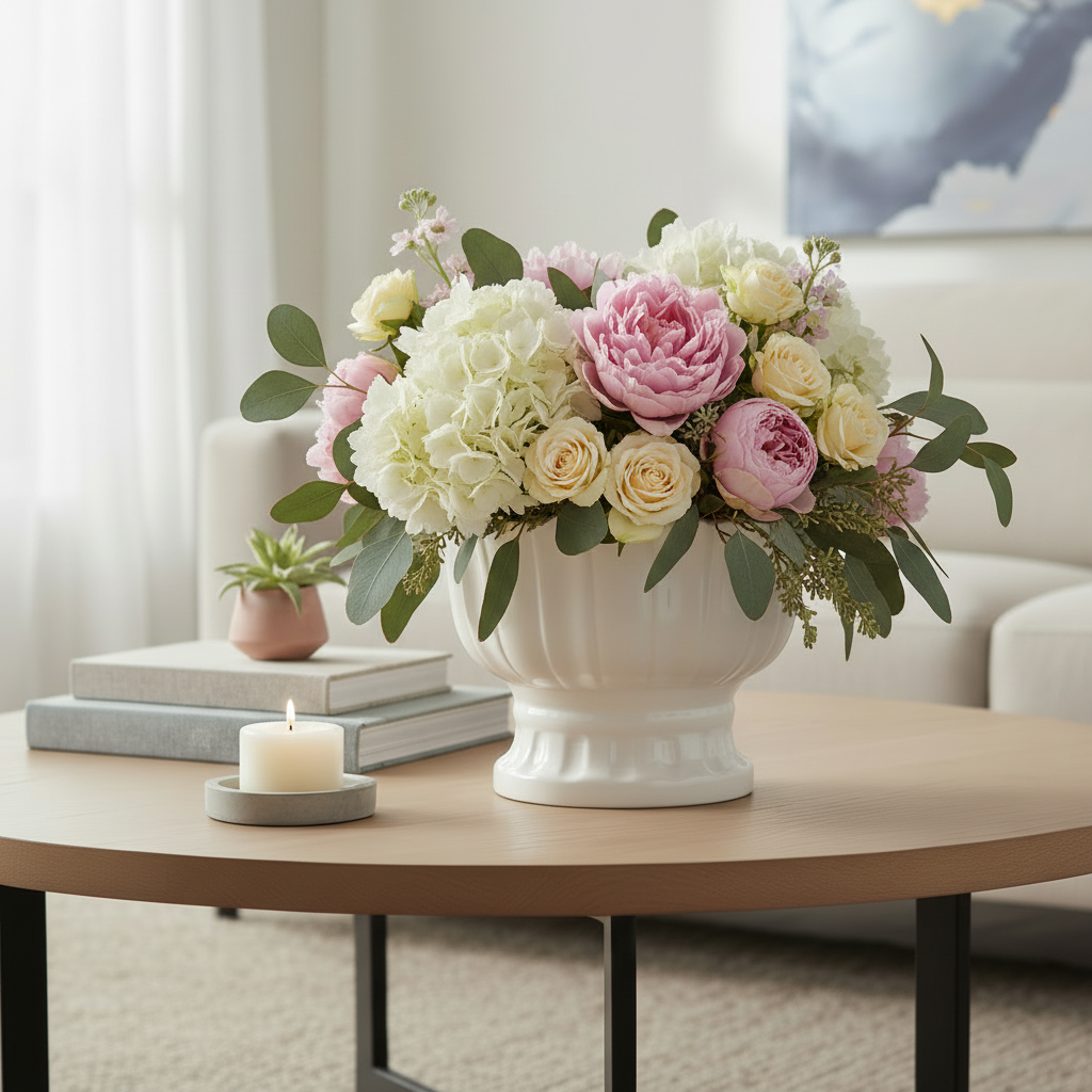 Mero Gloss White Ceramic Tulip Urn Vase with Elevated Base
