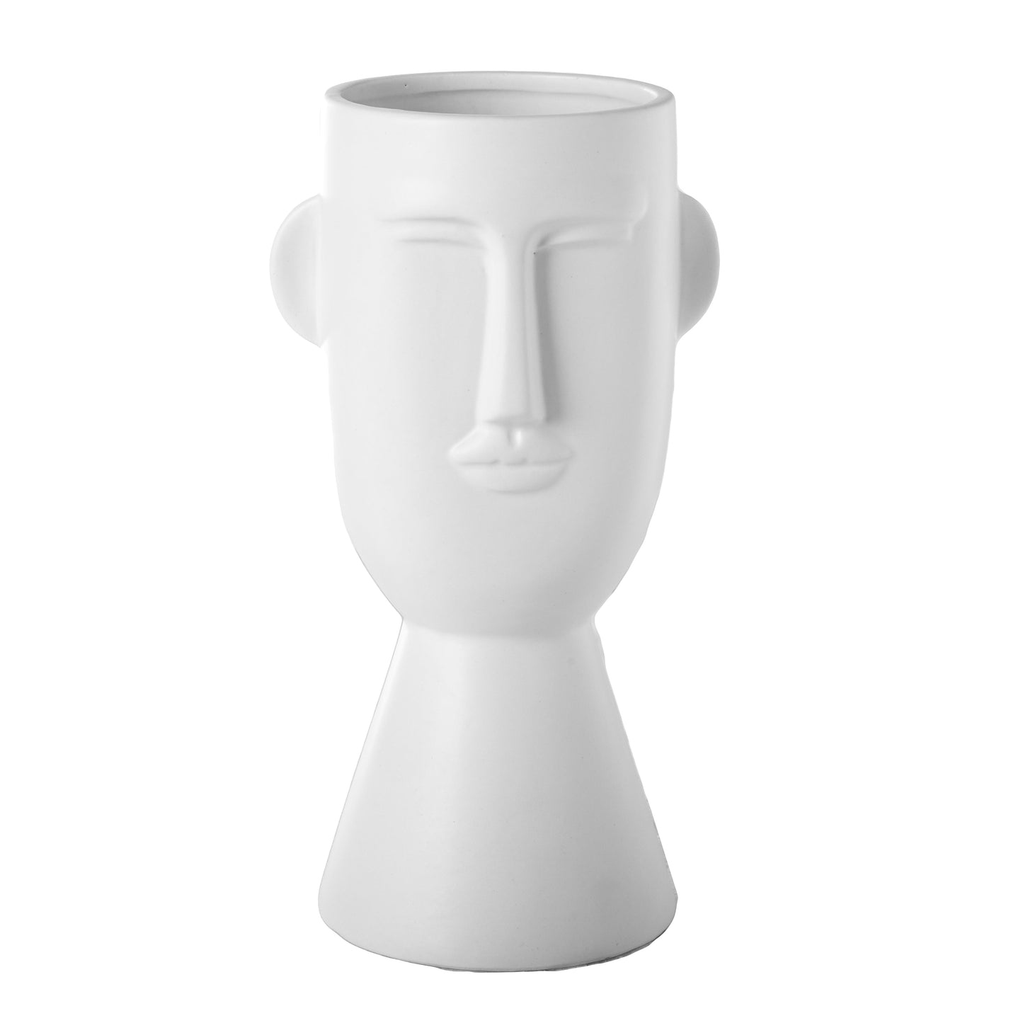 A gold ceramic head pot with a glossy finish on a flared bottom base.