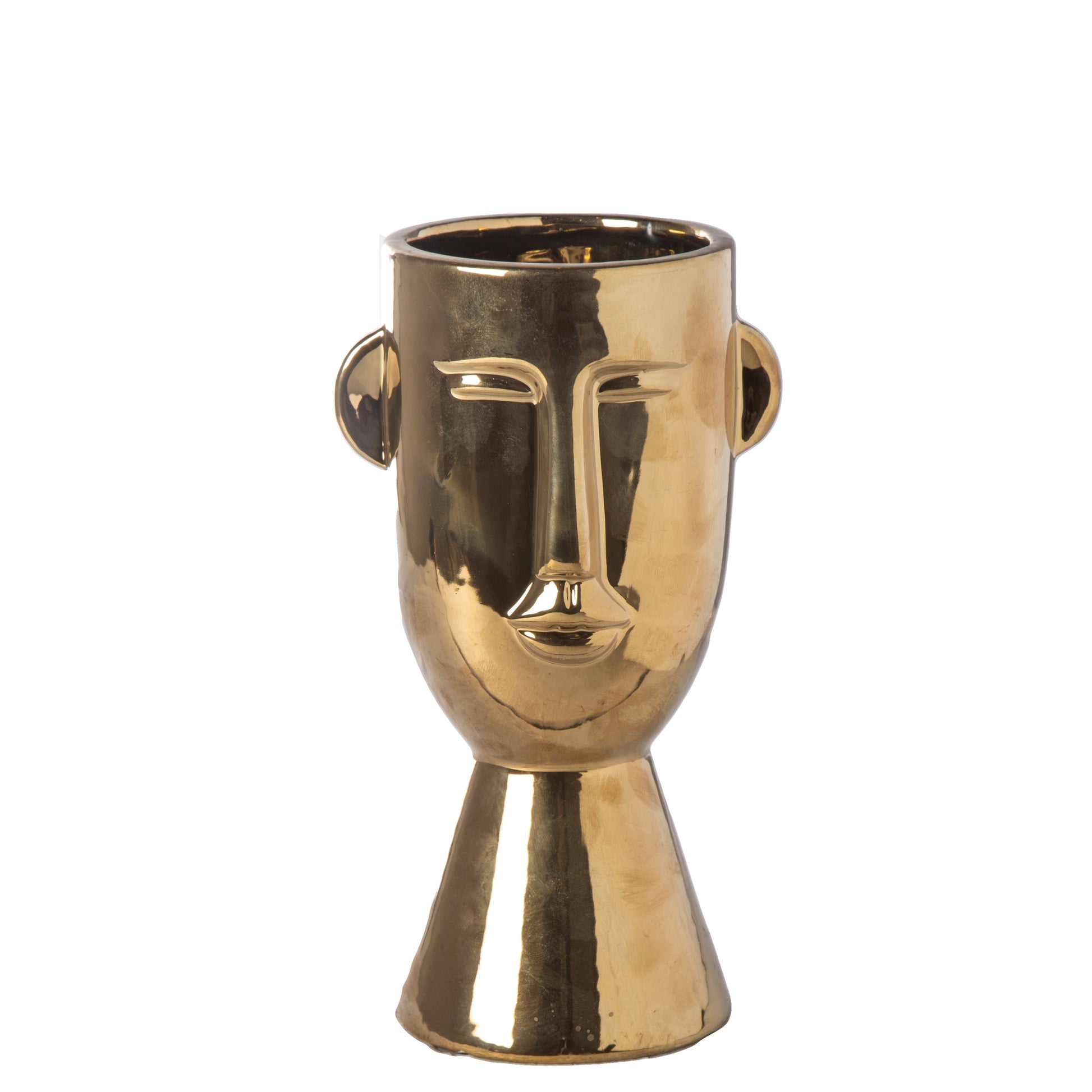 A gold ceramic head pot with a glossy finish on a flared bottom base.