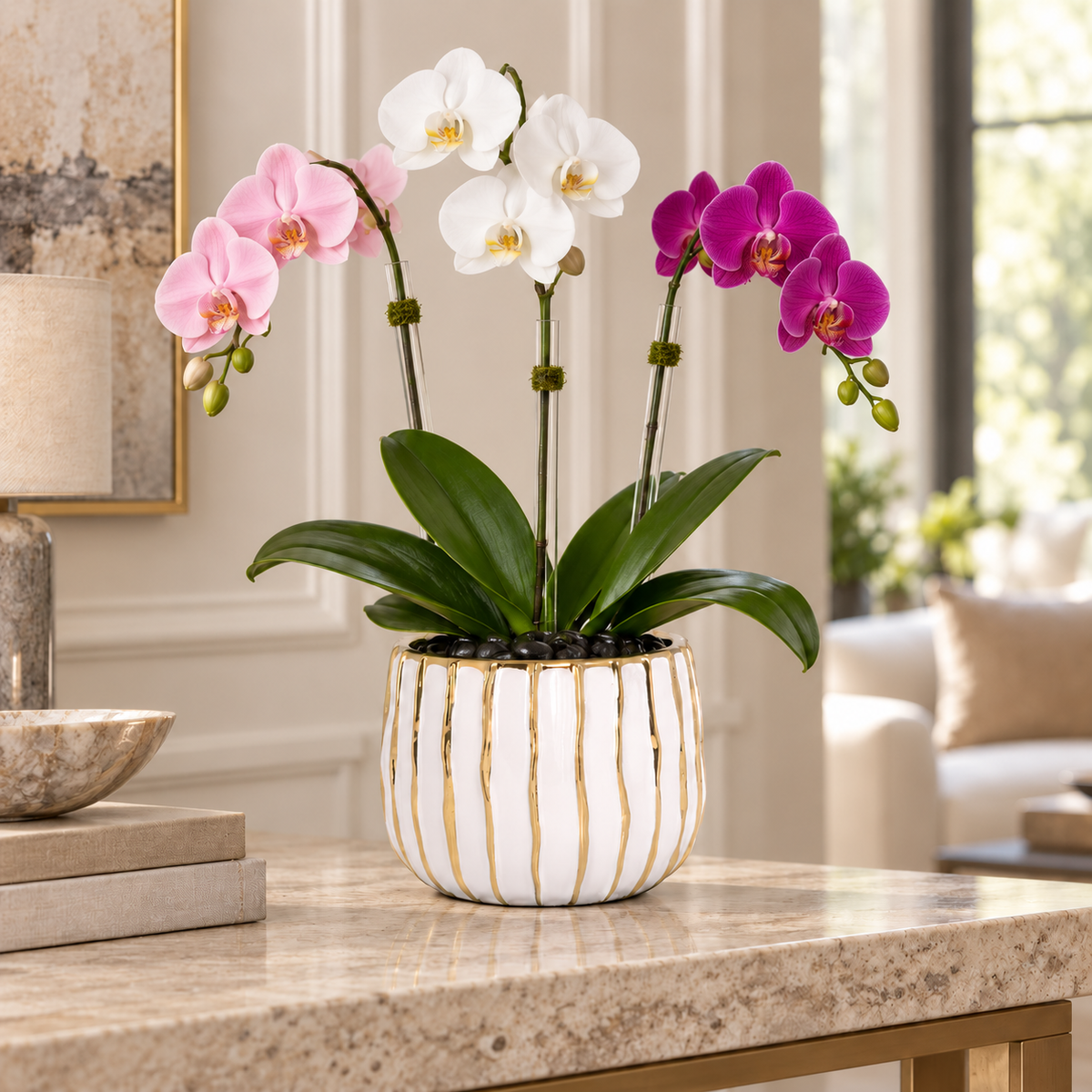 A potted Phalaenopsis orchid plant with pink, white, and purple blooms in a white ribbed ceramic pot with gold vertical stripes, displayed on a marble console table in a bright, modern living room.