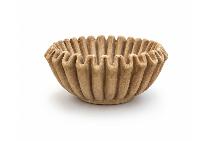 Brown ceramic bowl with textured design on a white background