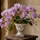 A vibrant arrangement of light purple Phalaenopsis orchids in a distressed white stone urn pot with green moss, displayed on a rustic wooden table against a textured beige wall.