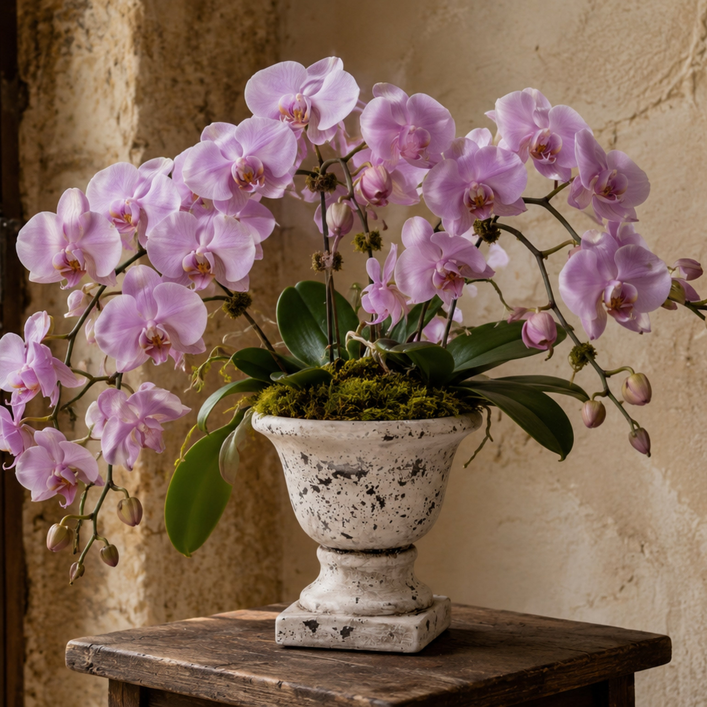 A vibrant arrangement of light purple Phalaenopsis orchids in a distressed white stone urn pot with green moss, displayed on a rustic wooden table against a textured beige wall.
