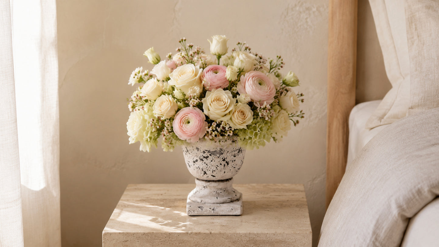 A floral arrangement of pale pink and cream flowers in a distressed white ceramic urn, displayed on a light wood bedside table next to a bed.