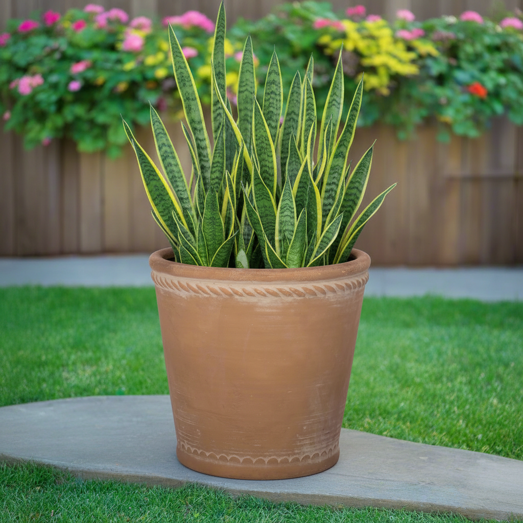 A round terracotta pot placed on a stone surface with a garden and wooden fence in the background.