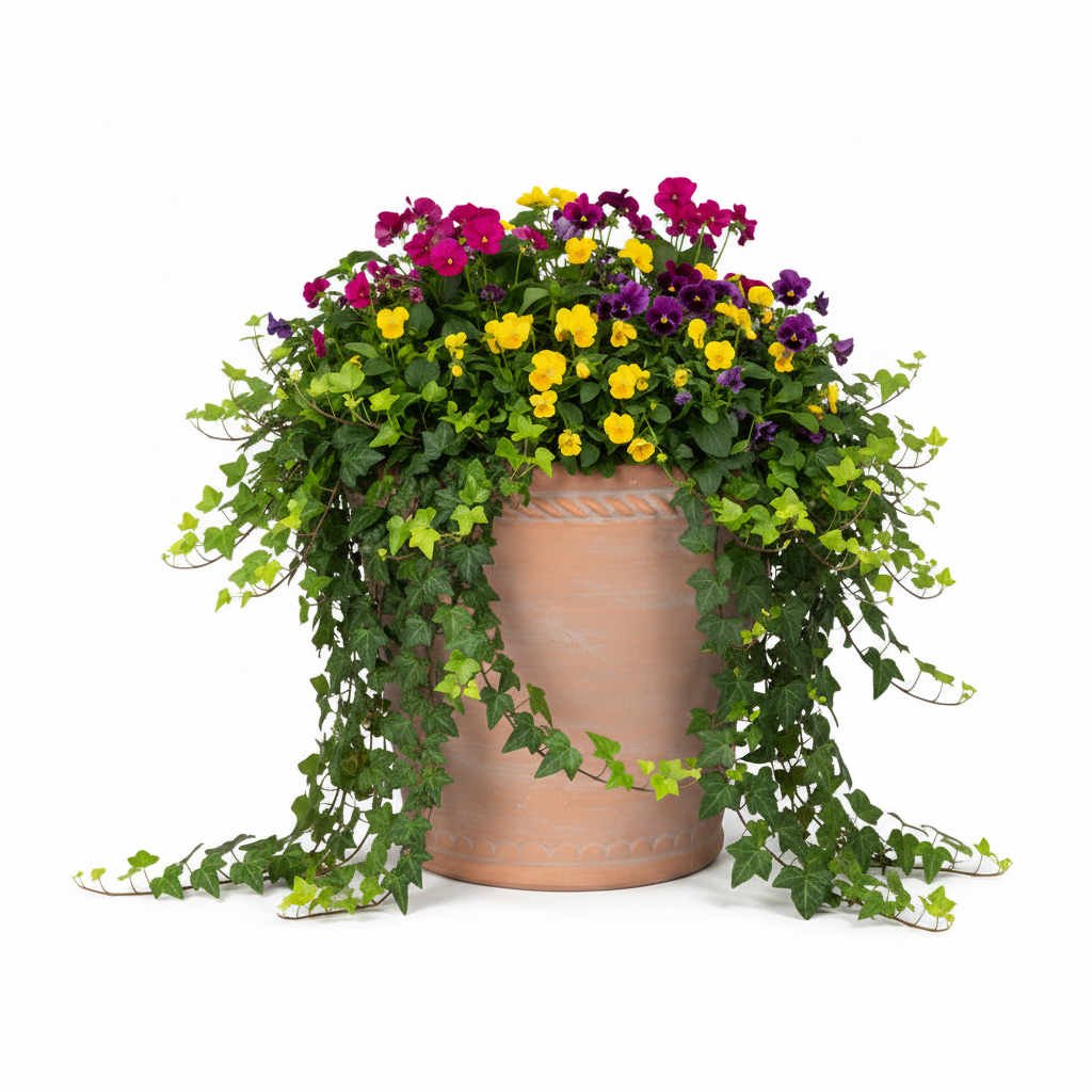 A terracotta-colored hanging planter filled with vibrant flowers in pink, purple, and yellow, surrounded by lush green ivy trailing over the sides, set against a solid white background.