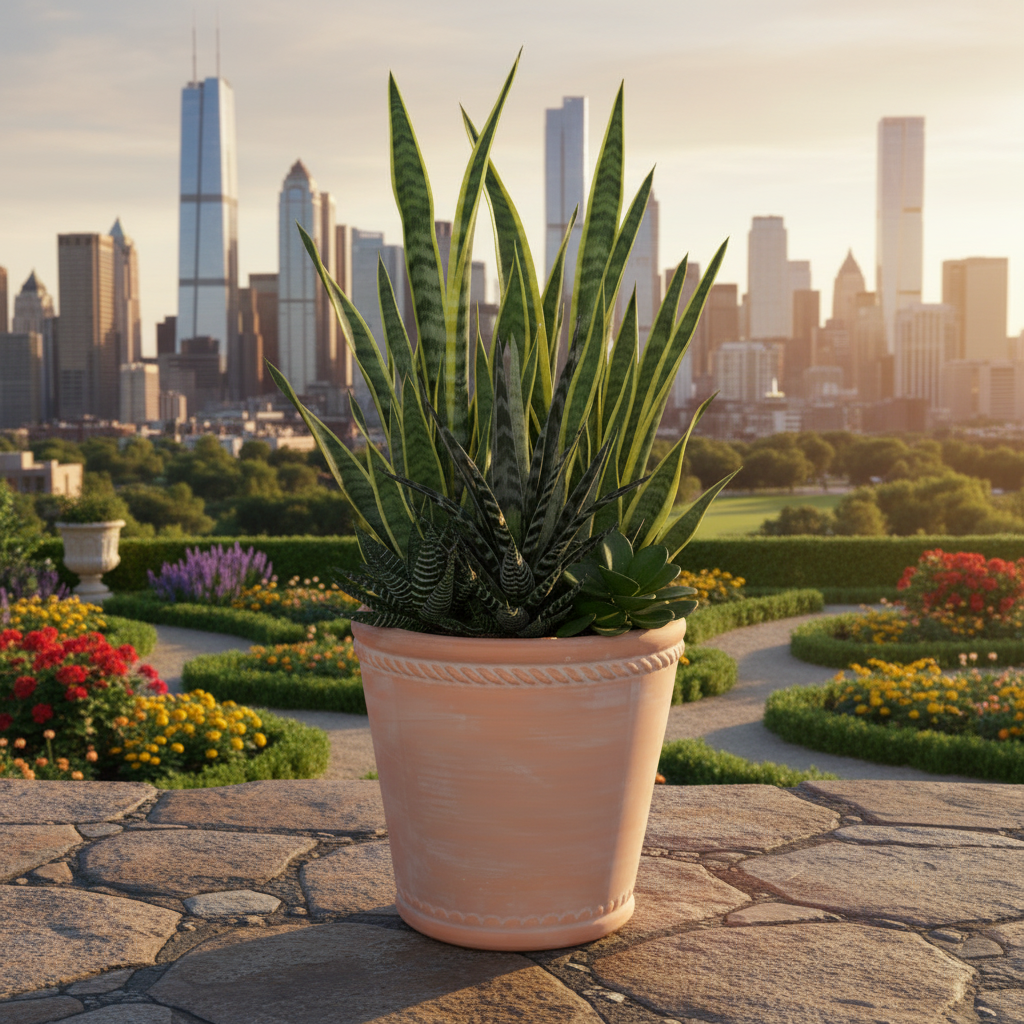 A potted snake plant with variegated green and yellow leaves in a terracotta-colored plastic pot, isolated on a white background.