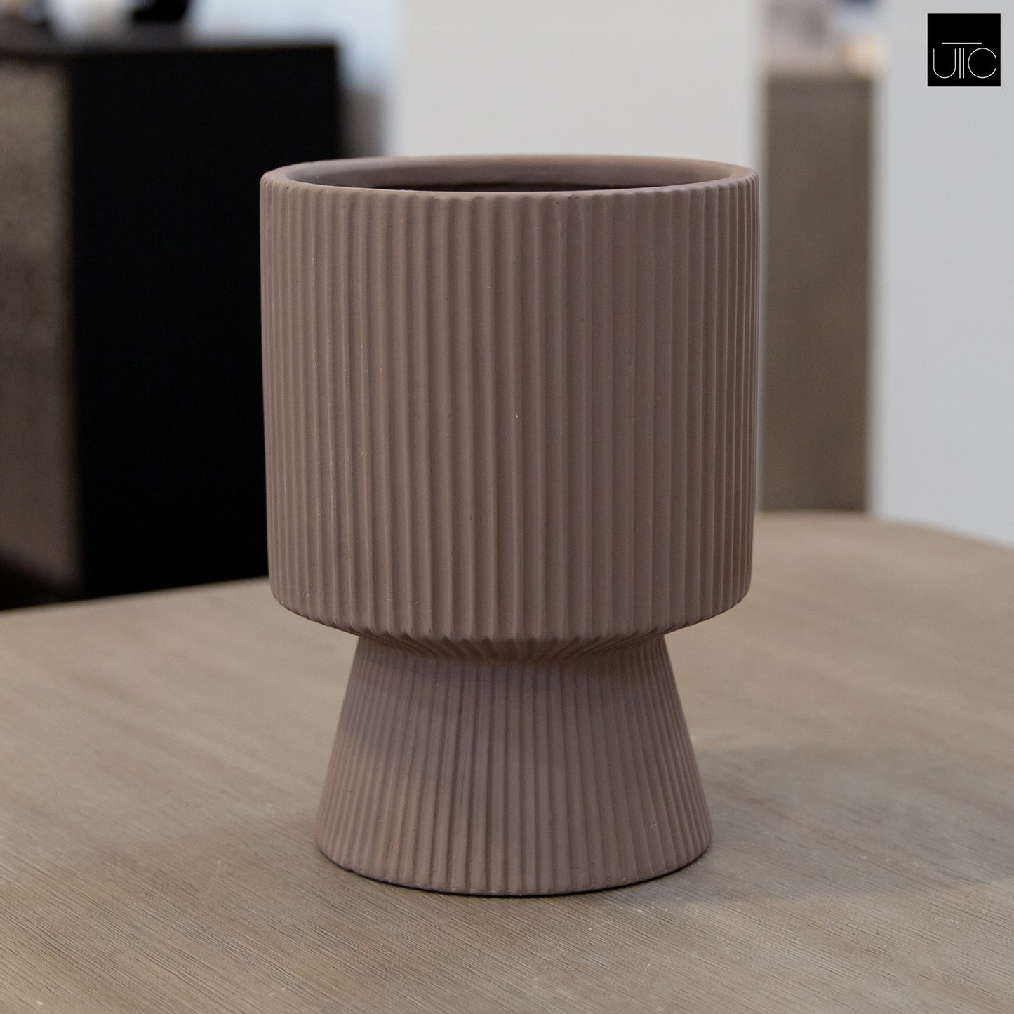 Oksana Ribbed Stoneware Vase with Tapered Pedestal Base