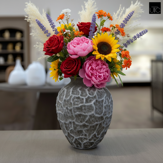 Yeva Ovoid Cement Vase with Diamond-Lattice Texture