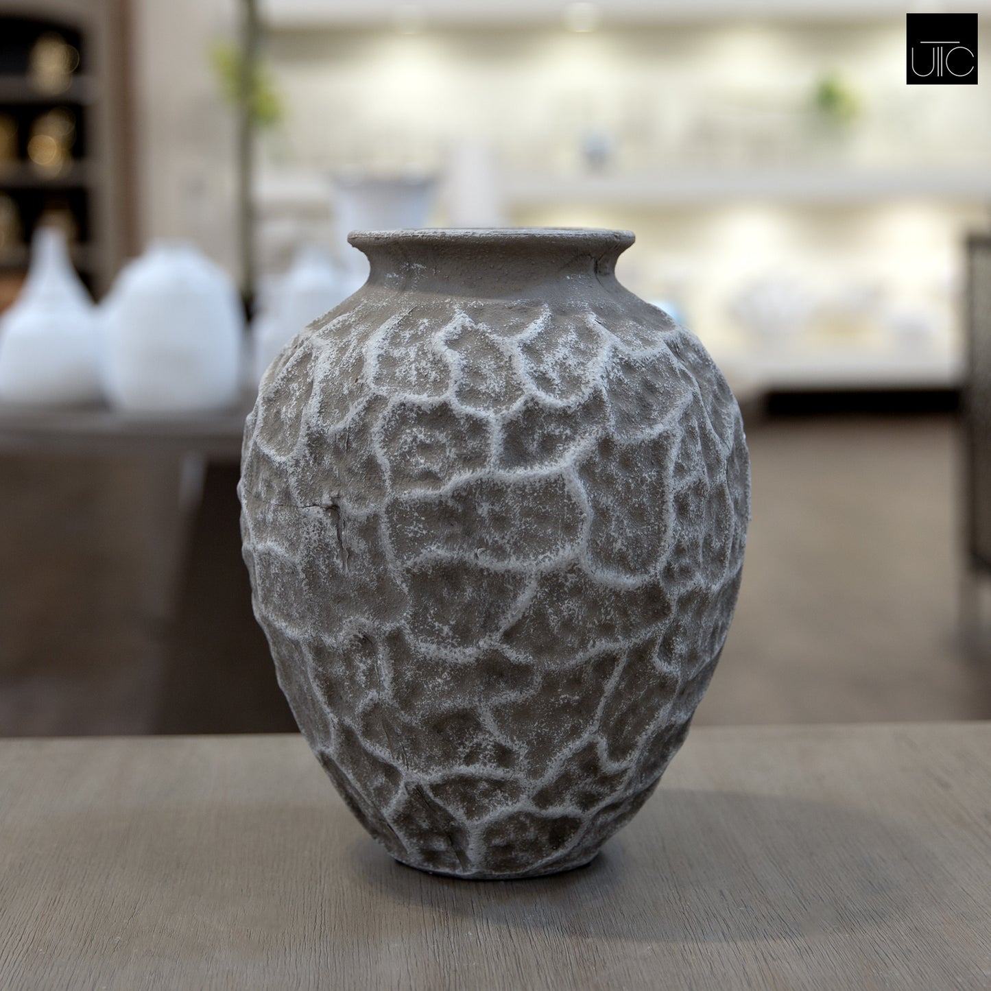Yeva Ovoid Cement Vase with Diamond-Lattice Texture