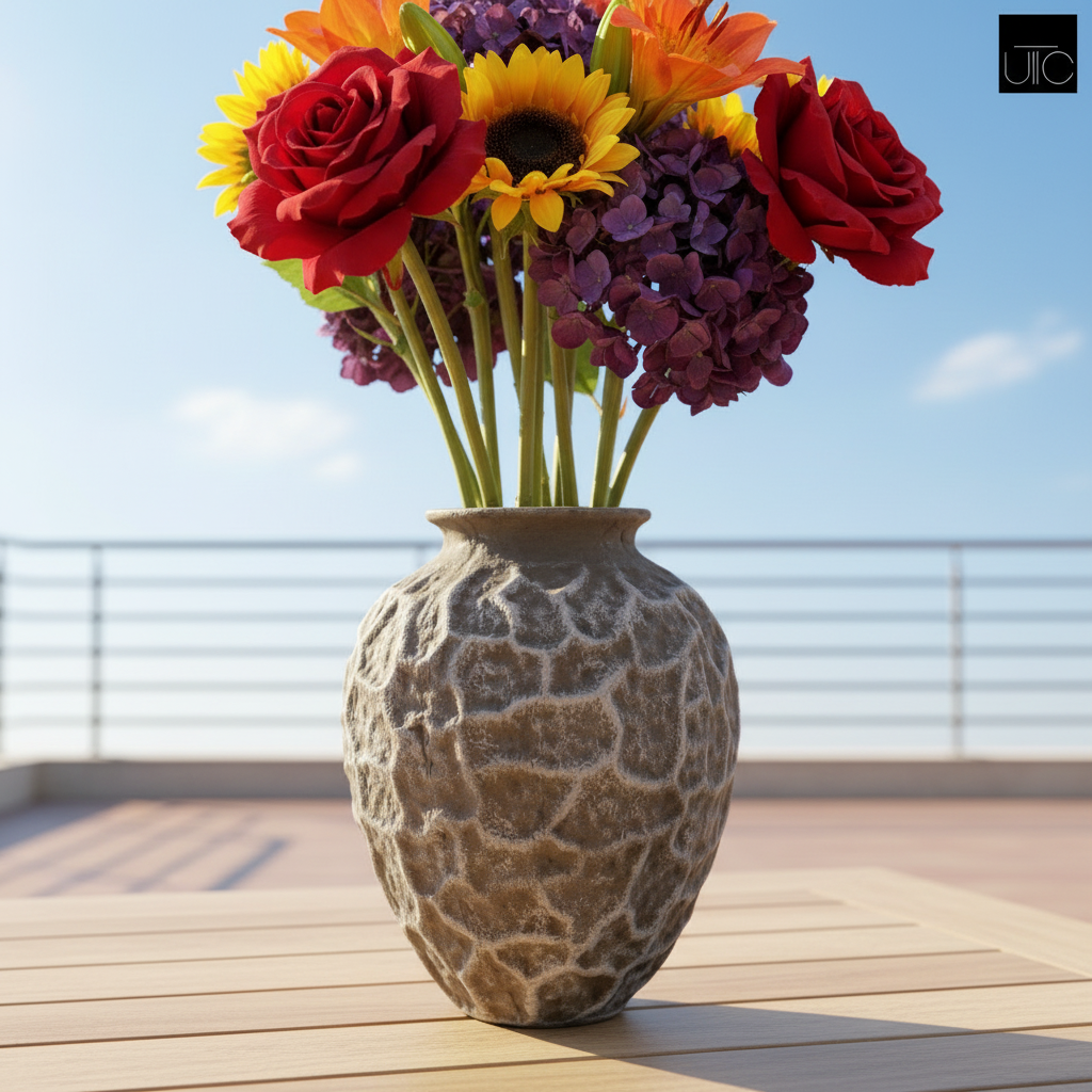 Yeva Ovoid Cement Vase with Diamond-Lattice Texture