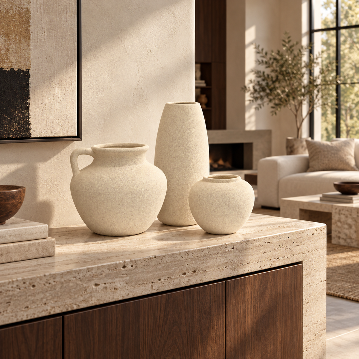 Three matte ceramic vases in cream and off-white tones arranged on a stone console table in a modern living room setting.