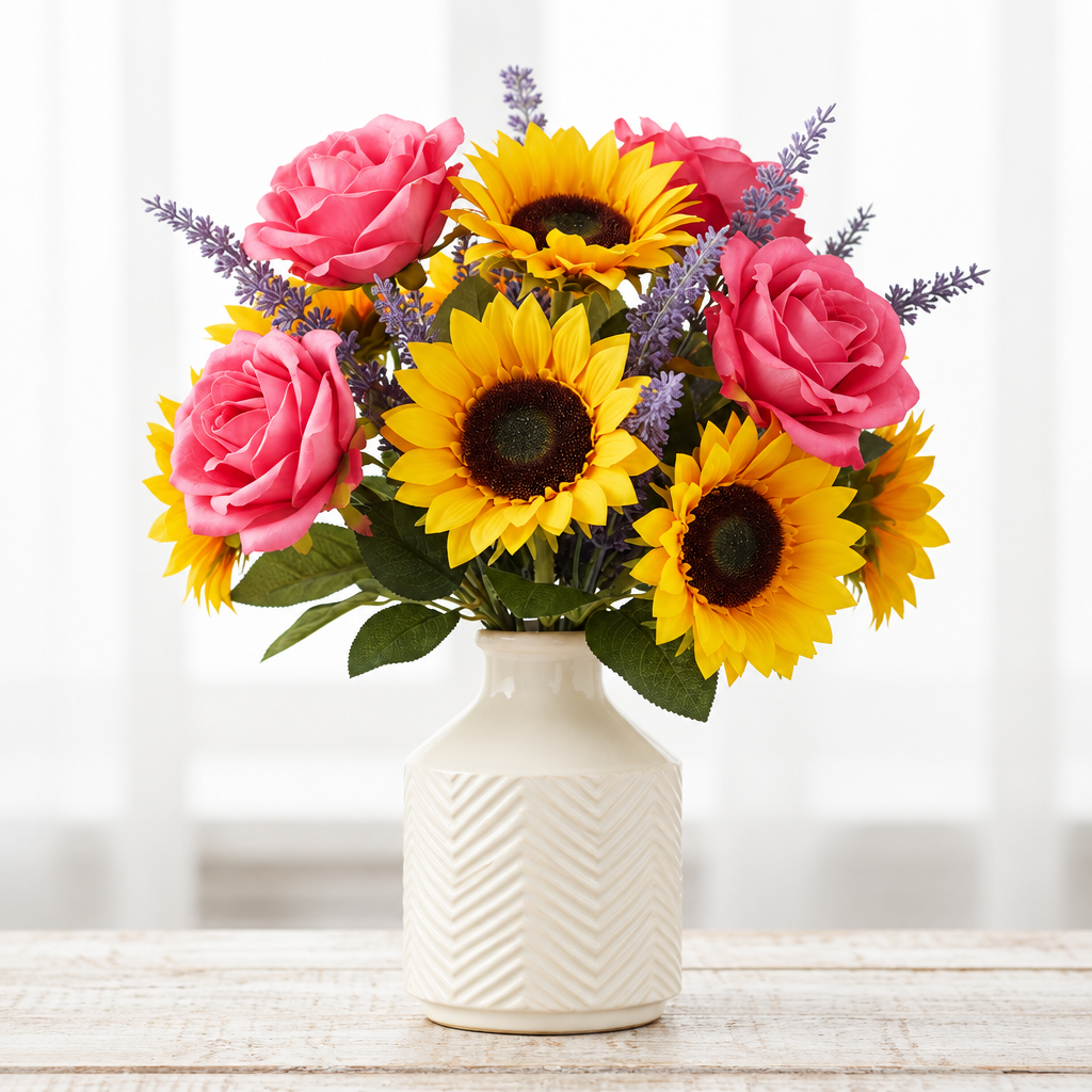 A vibrant artificial flower bouquet featuring pink roses, yellow sunflowers, and purple lavender sprigs arranged in a textured cream-colored ceramic vase, set on a light wooden surface against a soft, bright window background.