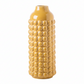 A glossy ceramic vase with a textured, beaded cob-of-bacon-like pattern, in a warm mustard yellow color, isolated on a white background.