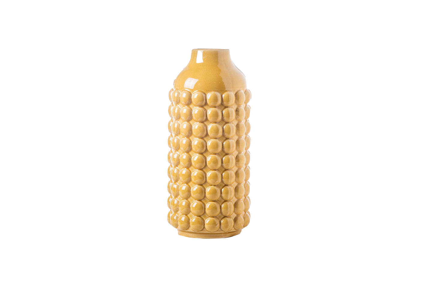 Yellow ceramic round vase with an embossed bubbled pattern design.