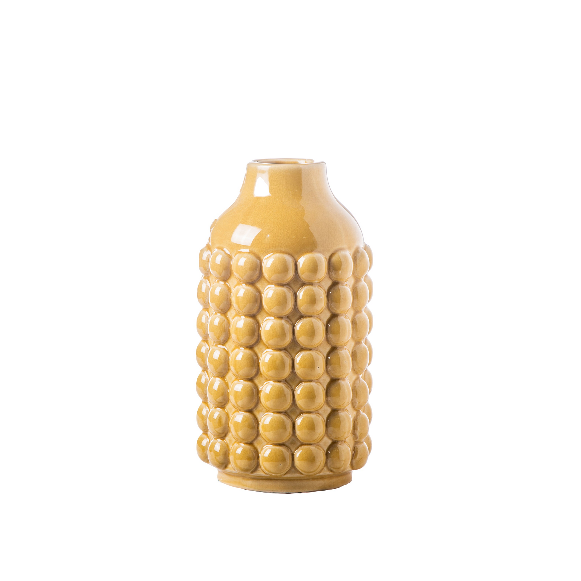 A glossy ceramic vase with a textured, beaded cylindrical body and a narrow neck, finished in a warm mustard yellow color.