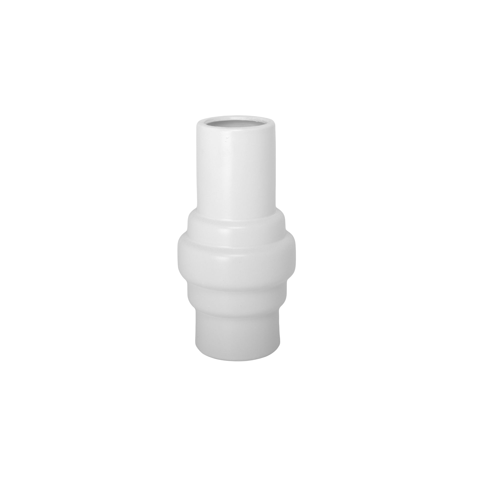 A white ceramic vase with a matte finish.