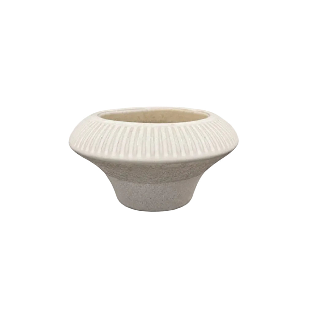 A small round ceramic planter with a flared rim featuring vertical ribbed texture, in a warm off-white or cream speckled glaze, shown against a plain white background.
