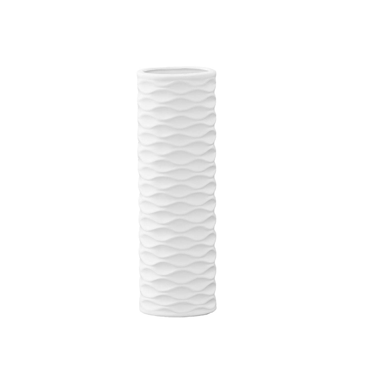 A matte finish white ceramic round cylindrical vase with embossed wave design.
