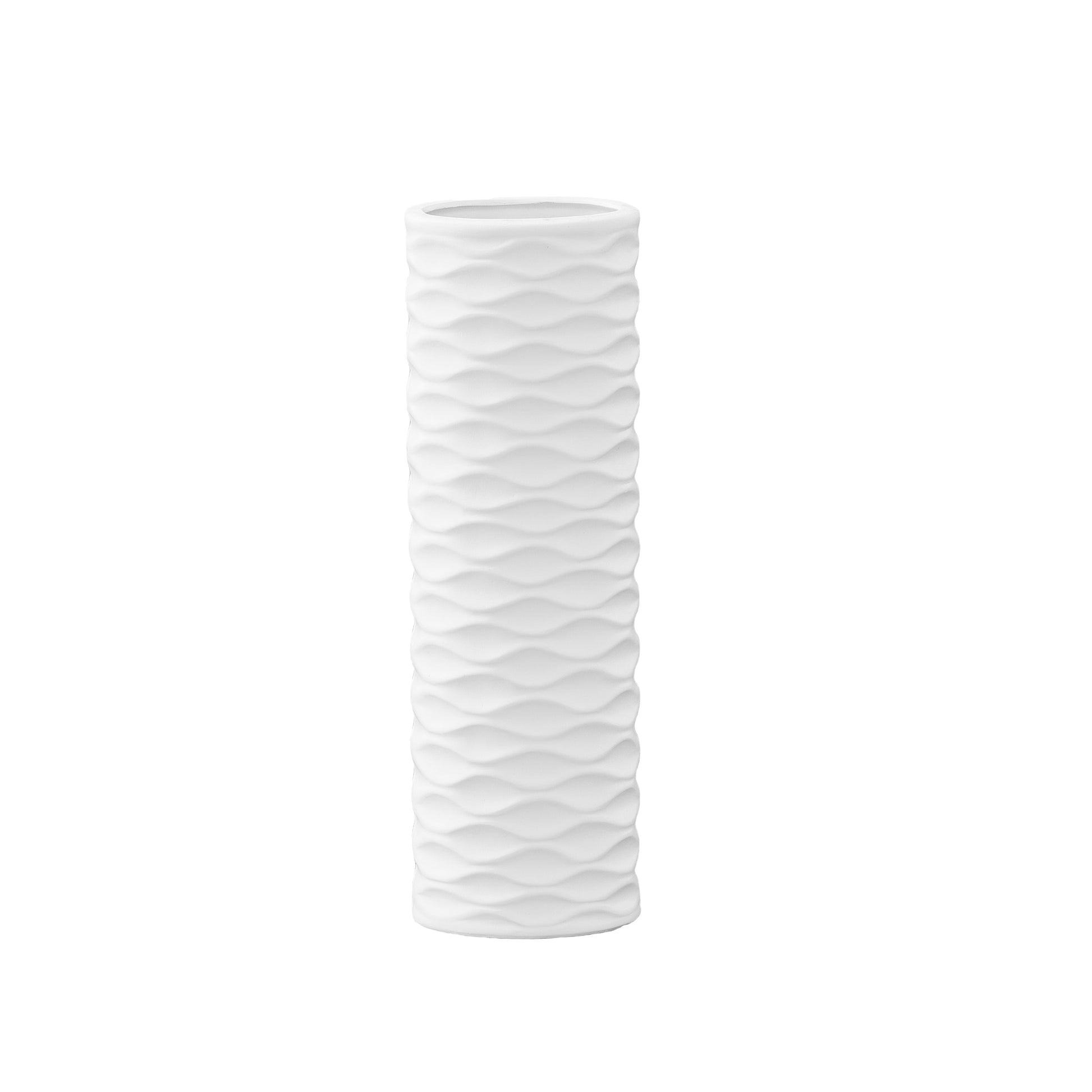 A matte finish white ceramic round cylindrical vase with embossed wave design.