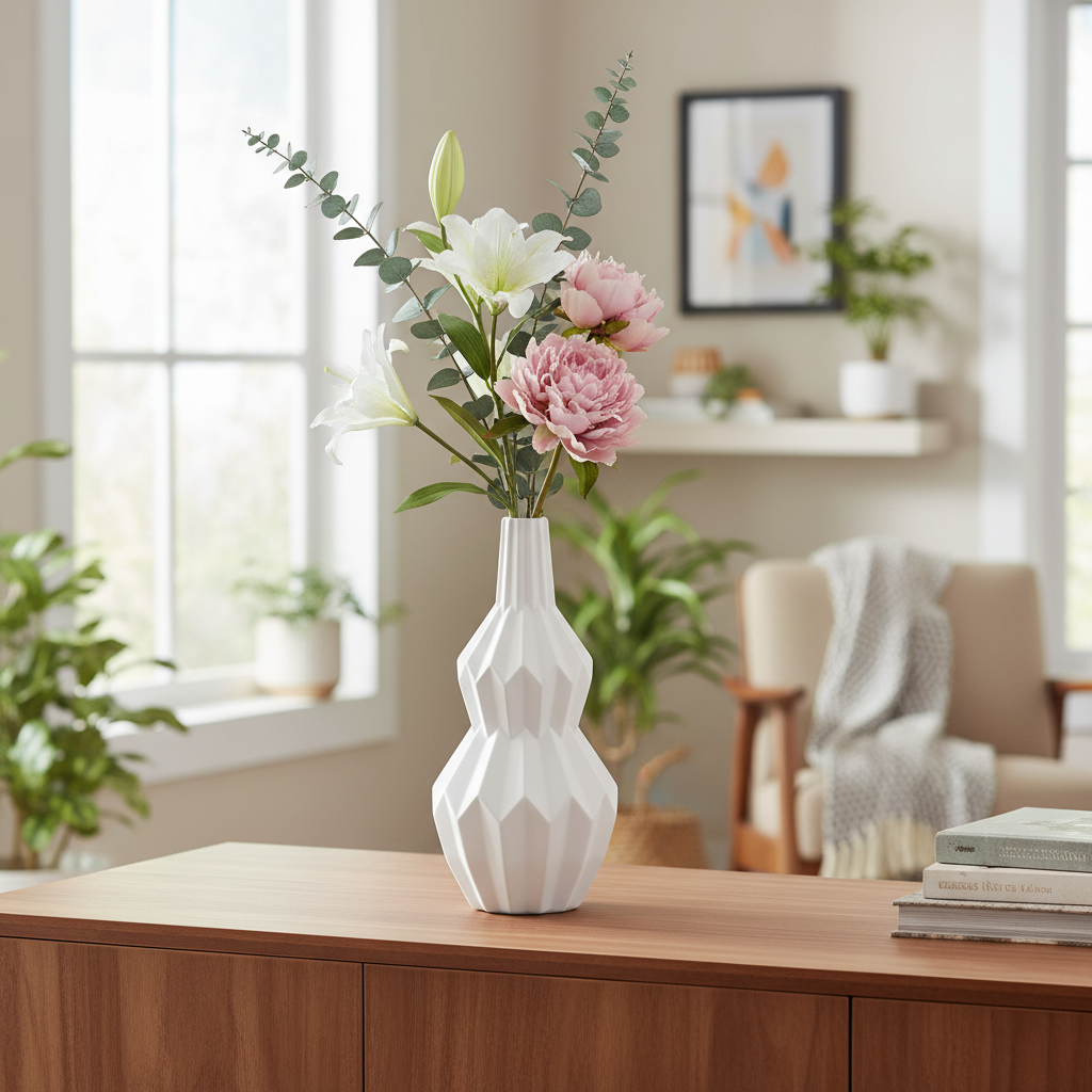A white geometric ceramic vase filled with pink and white flowers, placed on a wooden console table in a bright, modern living room.