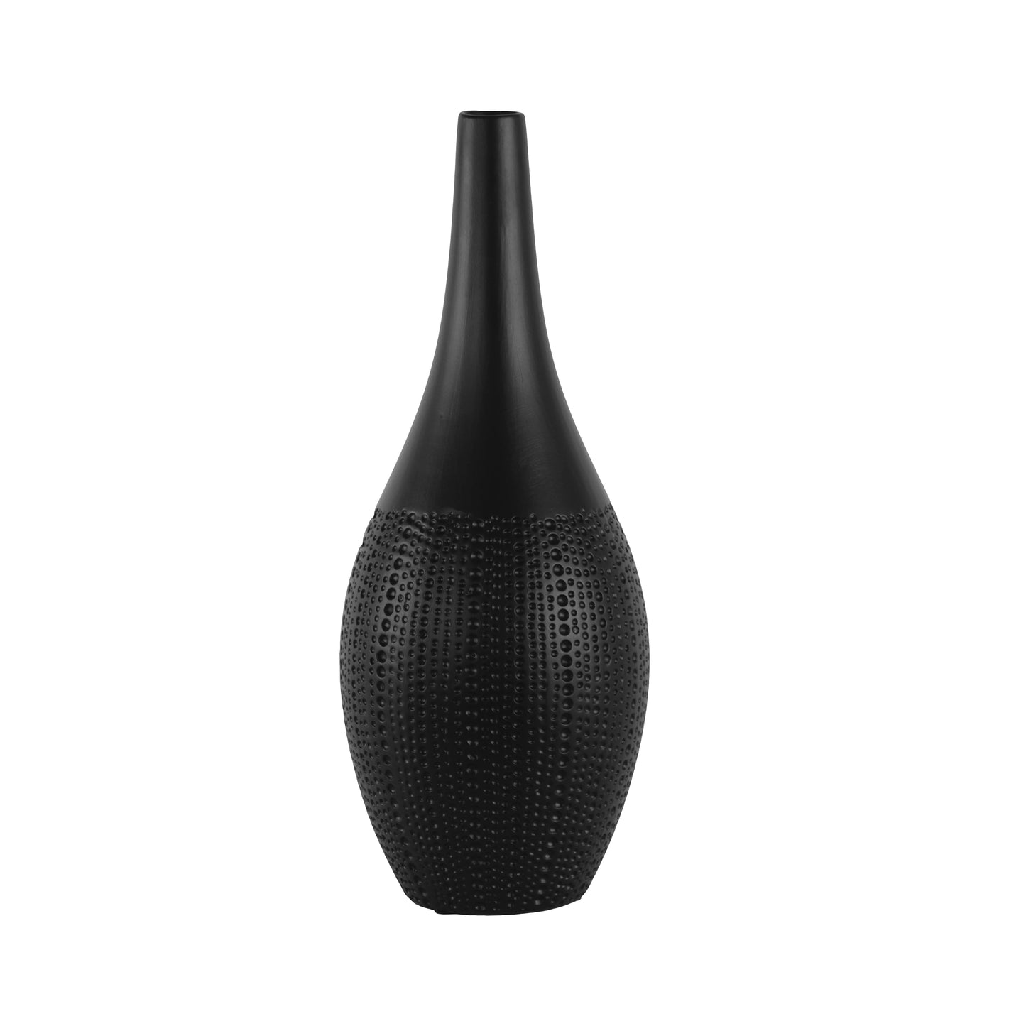 A matte finish black ceramic vase with a bellied round body, long neck, and tapered bottom.