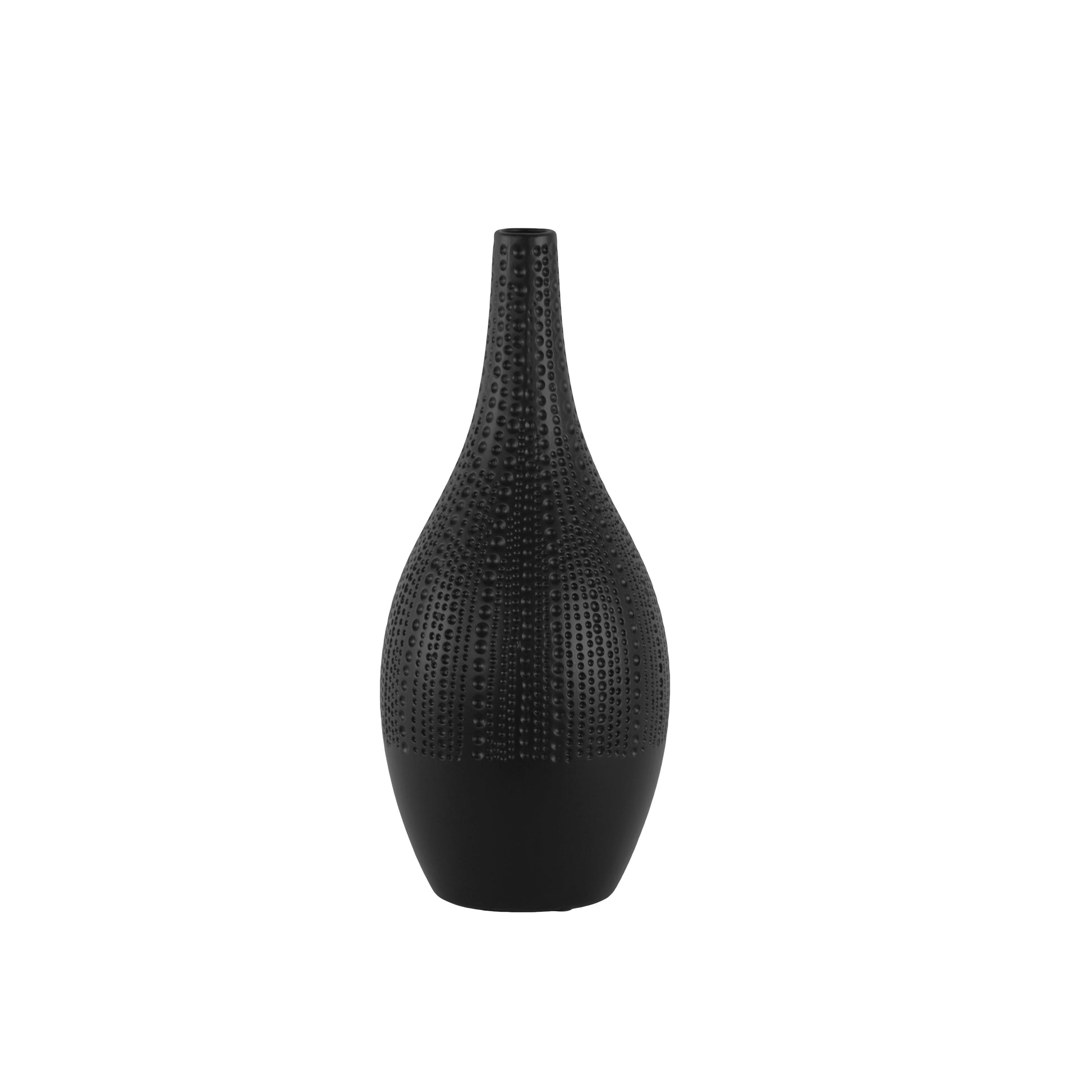 A matte finish black ceramic vase with a bellied round body, long neck, and tapered bottom.