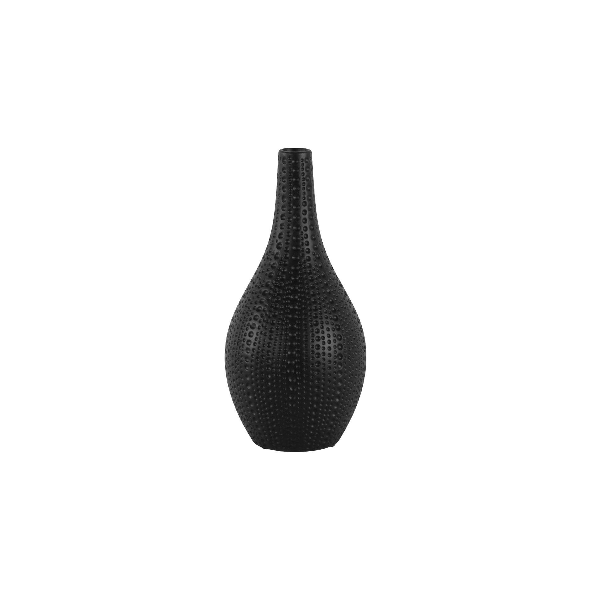 A matte finish black ceramic vase with a bellied round body, long neck, and tapered bottom.