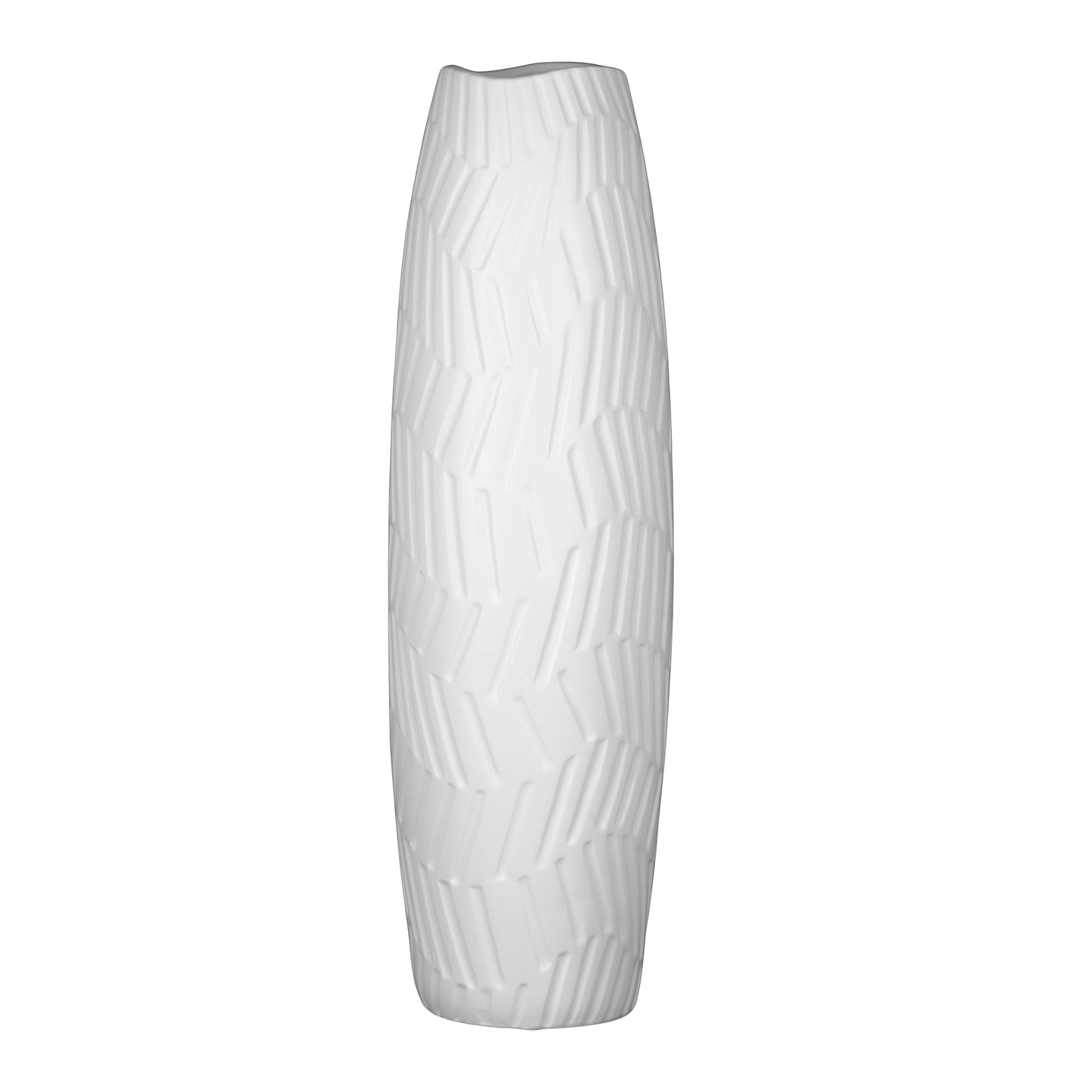 A tall, white ceramic vase with a smooth finish and horizontal wave pattern.