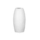 A tall, white ceramic vase with a smooth finish and horizontal wave pattern.