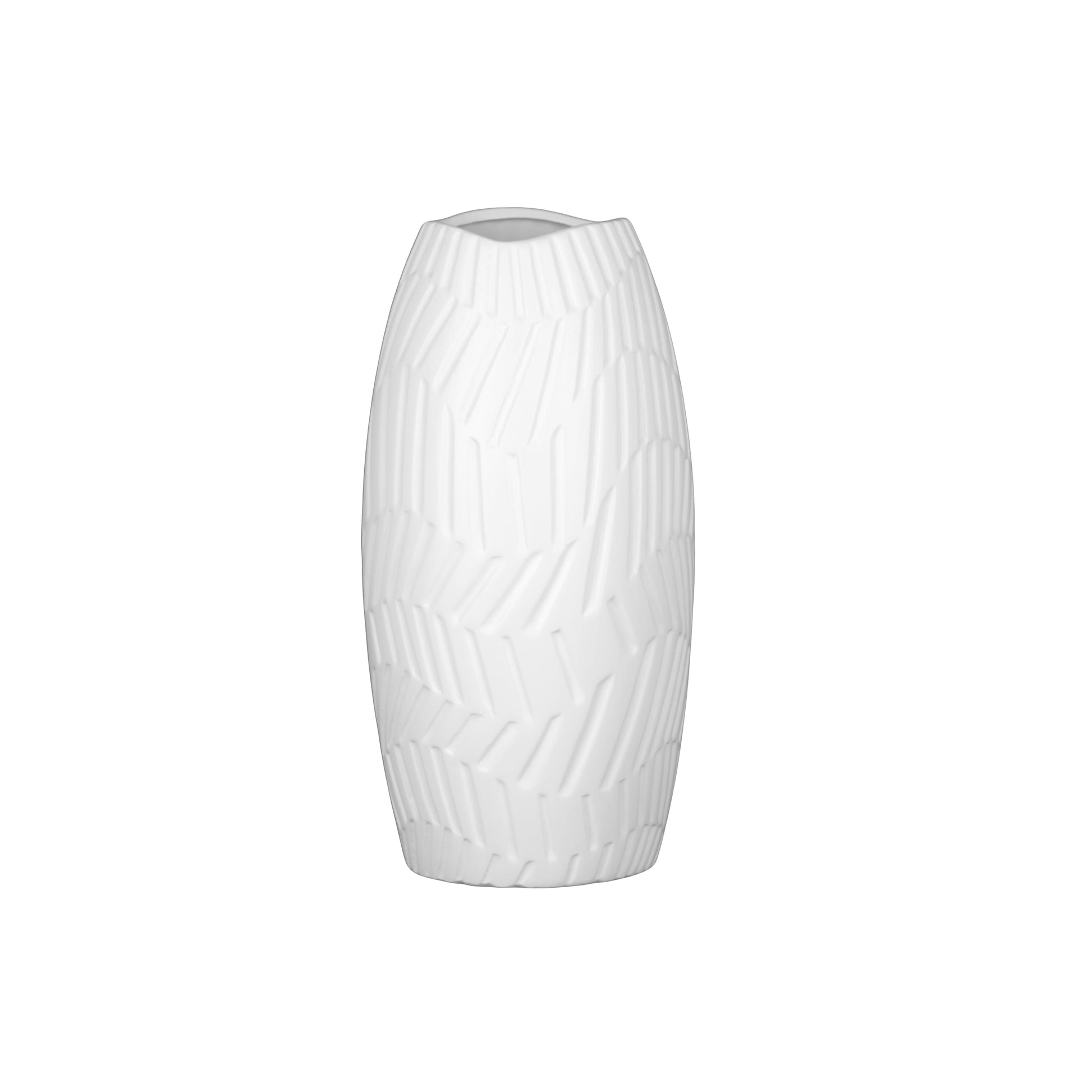 A tall, white ceramic vase with a smooth finish and horizontal wave pattern.